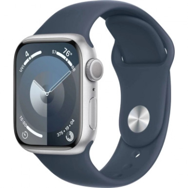 Apple Watch Series 9 GPS 41mm Silver Aluminium Case with Storm Blue Sport Band - M/L (MR913QP/A)-8-изображение