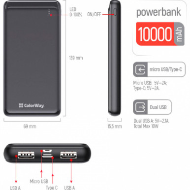 УМБ ColorWay Power Bank 10 000 mAh Slim, Black-24-зображення