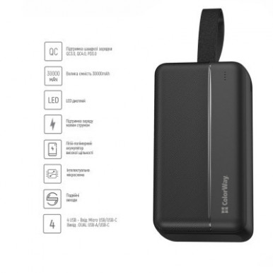 УМБ ColorWay Power Bank 30 000 mAh High-power 2(USB QC3.0 + USB-C Power Delivery 22.5W) Black-18-зображення