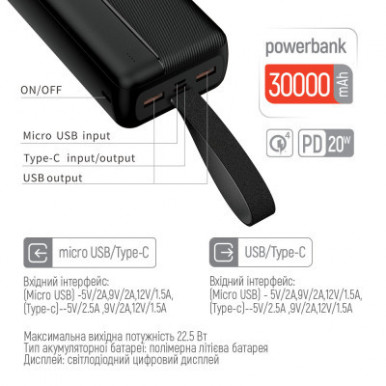 УМБ ColorWay Power Bank 30 000 mAh High-power 2(USB QC3.0 + USB-C Power Delivery 22.5W) Black-22-зображення