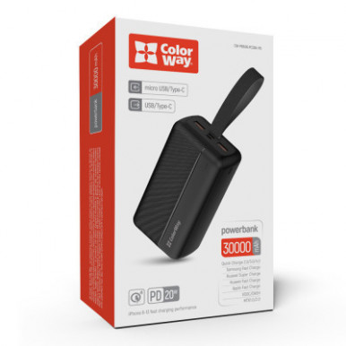 УМБ ColorWay Power Bank 30 000 mAh High-power 2(USB QC3.0 + USB-C Power Delivery 22.5W) Black-27-изображение