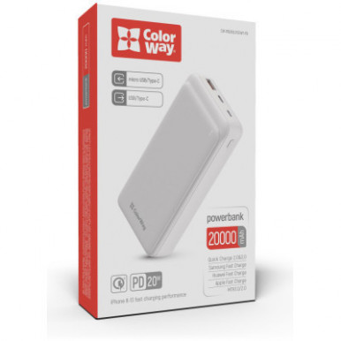 УМБ ColorWay Power Bank 20 000 mAh Slim (USB QC3.0 + USB-C PD 20W) White-19-зображення