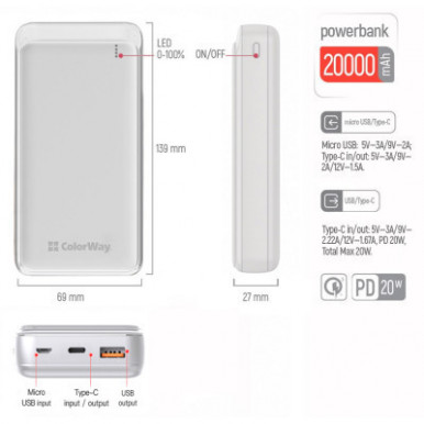 УМБ ColorWay Power Bank 20 000 mAh Slim (USB QC3.0 + USB-C PD 20W) White-27-изображение