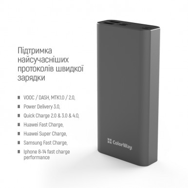 УМБ ColorWay Power Bank 20 000 mAh Full (USB QC3.0 + USB-C Power Delivery 22.5W) Gray-16-зображення