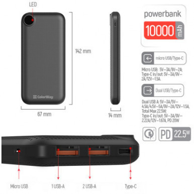 УМБ ColorWay Power Bank 10 000 mAh LCD (USB QC3.0 + USB-C Power Delivery 22.5W) Black-30-зображення