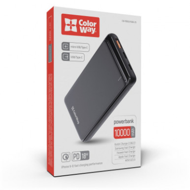 УМБ ColorWay Power Bank 10 000 mAh Slim (USB QC3.0 + USB-C Power Delivery 18W) Black-15-изображение