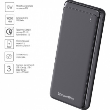 УМБ ColorWay Power Bank 10 000 mAh Slim (USB QC3.0 + USB-C Power Delivery 18W) Black-19-зображення