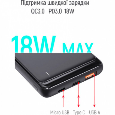 УМБ ColorWay Power Bank 10 000 mAh Slim (USB QC3.0 + USB-C Power Delivery 18W) Black-21-зображення