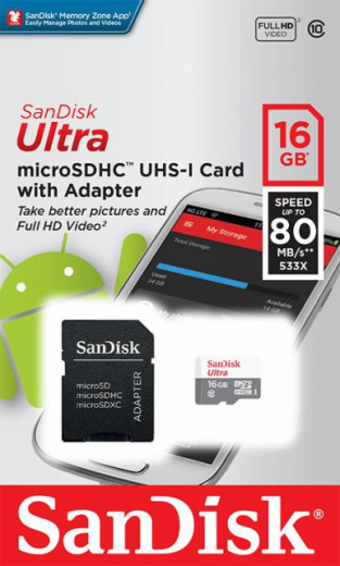 Карта пам'ятi SanDisk 16GB microSDHC C10 UHS-I R80MB/s Ultra + SD-1-изображение