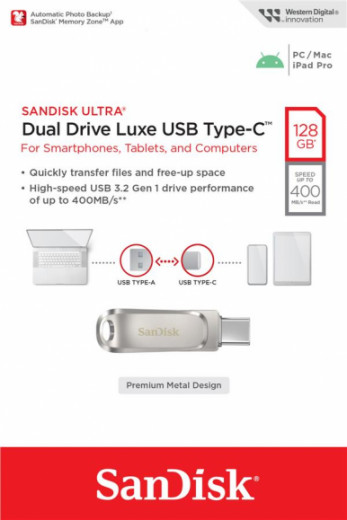 Накопичувач SanDisk  128GB USB 3.1 Type-A + Type-C Dual Drive Luxe Срібний-10-зображення