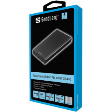 Батарея універсальна Sandberg 38400mAh, PD/100W, QC/3.0, inp:USB-C/Micro-USB, out:USB-A*2 (420-63)-3-зображення