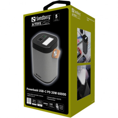 Батарея універсальна Sandberg 60000mAh, PD/20W, QC/3.0, USB-C, USB-A*2(22.5W total), flashlight 3W (420-71)-11-зображення