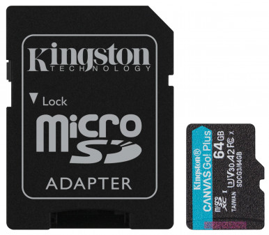 Карта пам'ятi Kingston Canvas Go Plus 64Gb class 10 A2 V30 (R170MB/s, W70MB/s) (adapter SD)