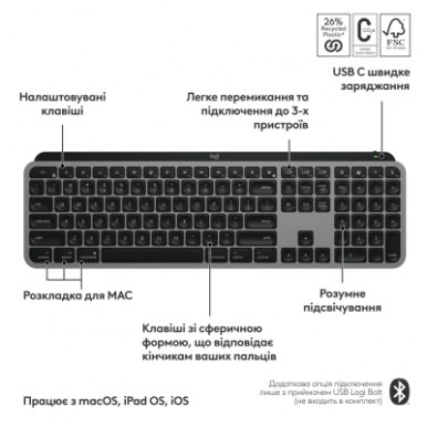 Клавіатура Logitech MX Keys S для MAC Bluetooth/Wireless UA Space Grey (920-011637)-15-зображення