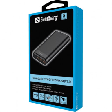 Батарея універсальна Sandberg 20000mAh, PD/65W, QC/3.0, Always-ON-Mode, +cable 100W (420-62)-7-зображення