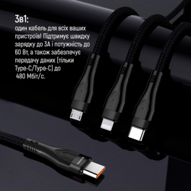 Дата кабель USB 2.0 AM to Lightning + Micro 5P + Type-C 1.2m 3.0A (PD60W data) Black ColorWay (CW-CBPDU3060-BK)-19-зображення