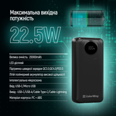 Батарея універсальна ColorWay 20 000 mAh EnergyPlus PD/18W, QC3.0/22.5W, Black (CW-PB200LPB4BK-PDD)-13-зображення