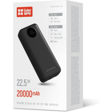 Батарея універсальна ColorWay 20 000 mAh EnergyPlus PD/18W, QC3.0/22.5W, Black (CW-PB200LPB4BK-PDD)-20-зображення