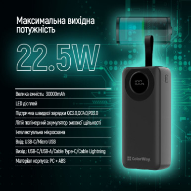 Батарея універсальна ColorWay 30 000 mAh EnergyPlus PD/18W, QC3.0/22.5W, Black (CW-PB300LPB4BK-PDD)-13-зображення