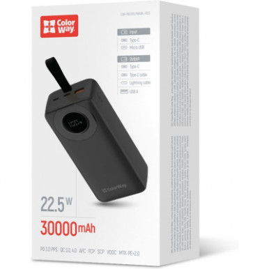 Батарея універсальна ColorWay 30 000 mAh EnergyPlus PD/18W, QC3.0/22.5W, Black (CW-PB300LPB4BK-PDD)-20-зображення