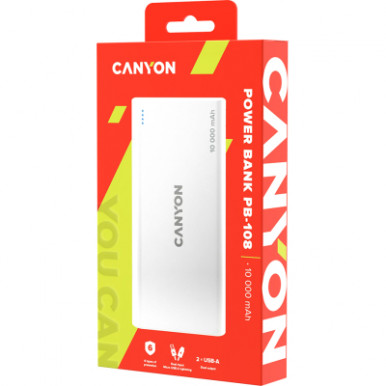 Батарея універсальна Canyon PB-108 10000mAh, Input 5V/2A, Output 5V/2.1A(Max), white (CNE-CPB1008W)-7-зображення