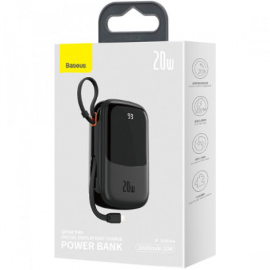 Батарея універсальна Baseus Qpow 20000mAh 20W, PD/3.0, QC/3.0, built-in lightning, black (PPQD060201)-10-зображення