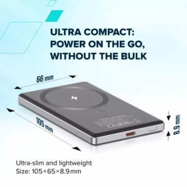 Батарея универсальная Canyon 5000mAh OnPower 505 slim Magsafe PD/20W Dark Grey (CNS-CPB505DG)-15-изображение