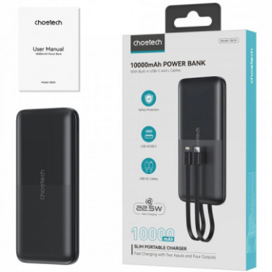 Батарея універсальна Choetech 10000mAh 22,5W, MicroUSB, USB-A, USB-C, build-in USB-C/Lightning cable (B654-BK)-7-зображення