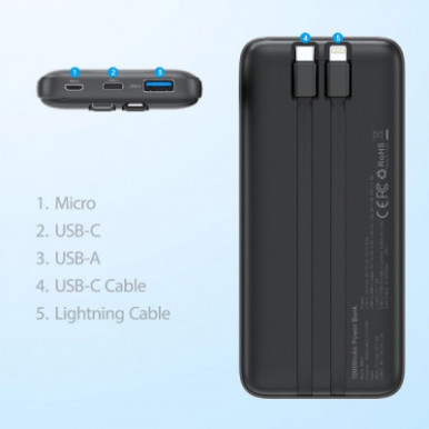 Батарея універсальна Choetech 10000mAh 22,5W, MicroUSB, USB-A, USB-C, build-in USB-C/Lightning cable (B654-BK)-9-зображення
